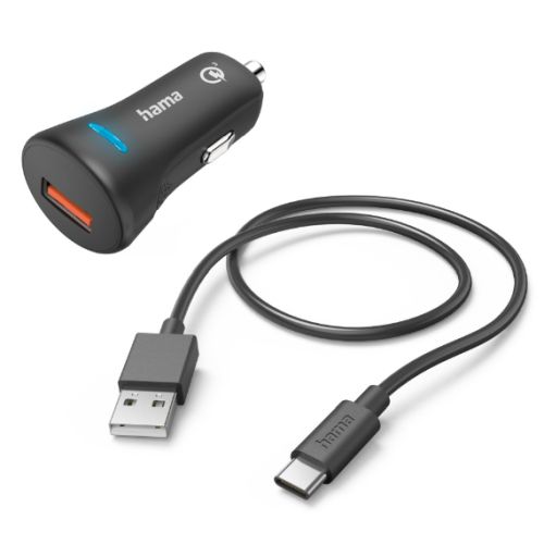 Picture of Hama USB-A Fast Charge Car Adapter with USB-C Charging Cable, Qualcomm 3.0, 19.5W, Black