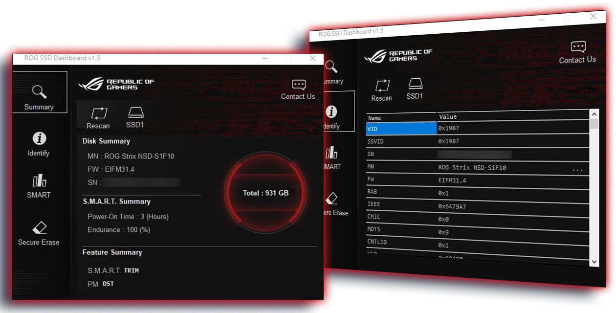 ROG SSD Dashboard software provides a full overview detailing device temperature, storage status and more