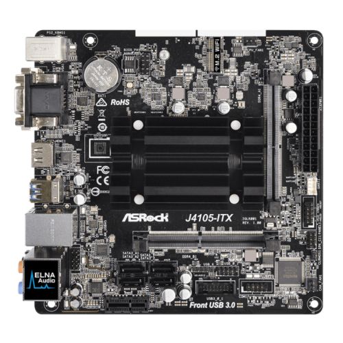 Asrock J4105-ITX, Integrated Intel Quad-Core J4105, Mini ITX, DDR4 SODIMM, VGA, DVI, HDMI, M.2