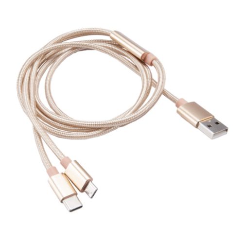 Akasa 2-in-1 USB 2.0 Type-A to Micro-B / Type-C Cable, 1.2m Braided, Gold