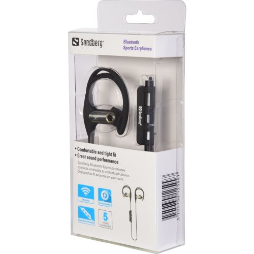 Sandberg Wireless Sports Earphones, Bluetooth, Inline Volume & Mic, 10mm Driver, Black & Silver, 5 Year Warranty