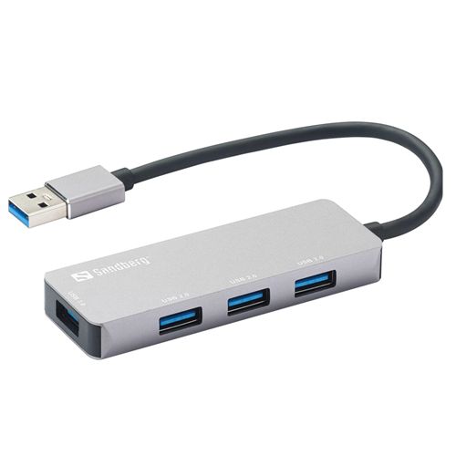 Sandberg External 4-Port USB-A Pocket Hub, 1 x USB 3.0, 3 x USB 2.0, Aluminium, USB Powered, 5 Year Warranty