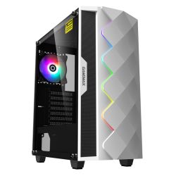 GameMax Diamond ARGB Gaming Case w Glass Window, ATX, ARGB Strip & Angled Pattern Front, Rear RGB Fan, LED Button, White