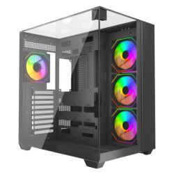 Vida Visio Black ARGB Gaming Cube Case w Glass Side, Front & Top, ATX, 4x ARGB Fans, 6-Port Fan Hub & Remote Control, USB-C, Asus BTF Compatible