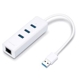 TP-LINK UE330 Portable External 3-Port USB 3.0 Hub & Gigabit Ethernet Adapter, White 