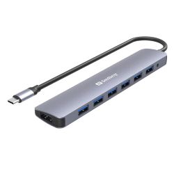 Sandberg External 7-Port USB-A Hub - USB-C Male, 7 x USB 3.0, USBDC Powered, 5 Year Warranty
