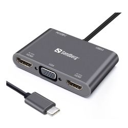Sandberg 136-35 USB-C 5-in-1 Docking Station - USB-C up to 100W, 2 x HDMI, VGA, USB-A, Aluminium, 5 Year Warranty
