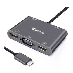 Sandberg 136-35 USB-C 5-in-1 Docking Station - USB-C up to 100W, 2 x HDMI, VGA, USB-A, Aluminium, 5 Year Warranty