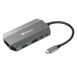 Sandberg 136-33 USB-C 6-in-1 Travel Dock - USB-C up to 100W, HDMI, 2x USB 3.0, RJ45, Headphone, Microphone, SDMicro SDTF Card, Aluminium, 5 Year Warranty