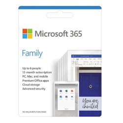 Microsoft Office 365 Family, 6 Users - 5 Devices Each PC, Mac, iOS & Android, 1 Year Subscription