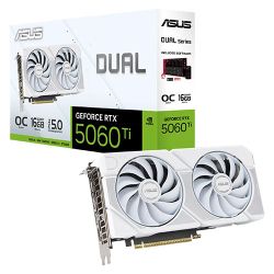 Asus DUAL RTX5060 Ti OC, PCIe5, 16GB DDR7, HDMI, 3 DP, 2632MHz Clock, Overclocked, Compact SFF-Ready, White