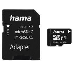 Hama 16GB MicroSDHC Card with SD Adapter, Class 10 UHS-I, V10, Up to 80MBs