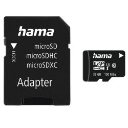 Hama 32GB MicroSDHC Card with SD Adapter, Class 10 UHS-I, V10, 100MBs