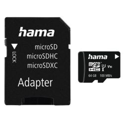 Hama 64GB MicroSDXC Card with SD Adapter, Class 10 UHS-I, V10, 100MBs